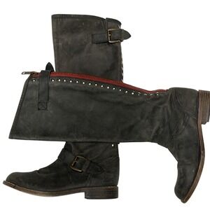 Steve Madden Black Leather Studded Tall Moto Boots Red Back Zip Womens 7.5M